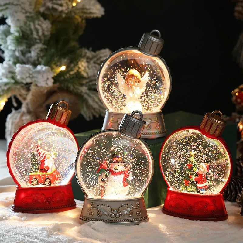 Four battery-powered Christmas LED flat light decorations: old man, snowman, children's tree and angel figures.