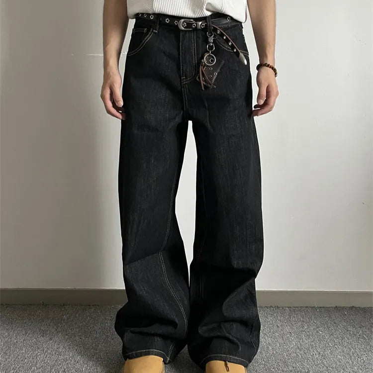 Black loose wide-leg straight-leg jeans with retro style and mid-waist zip closure