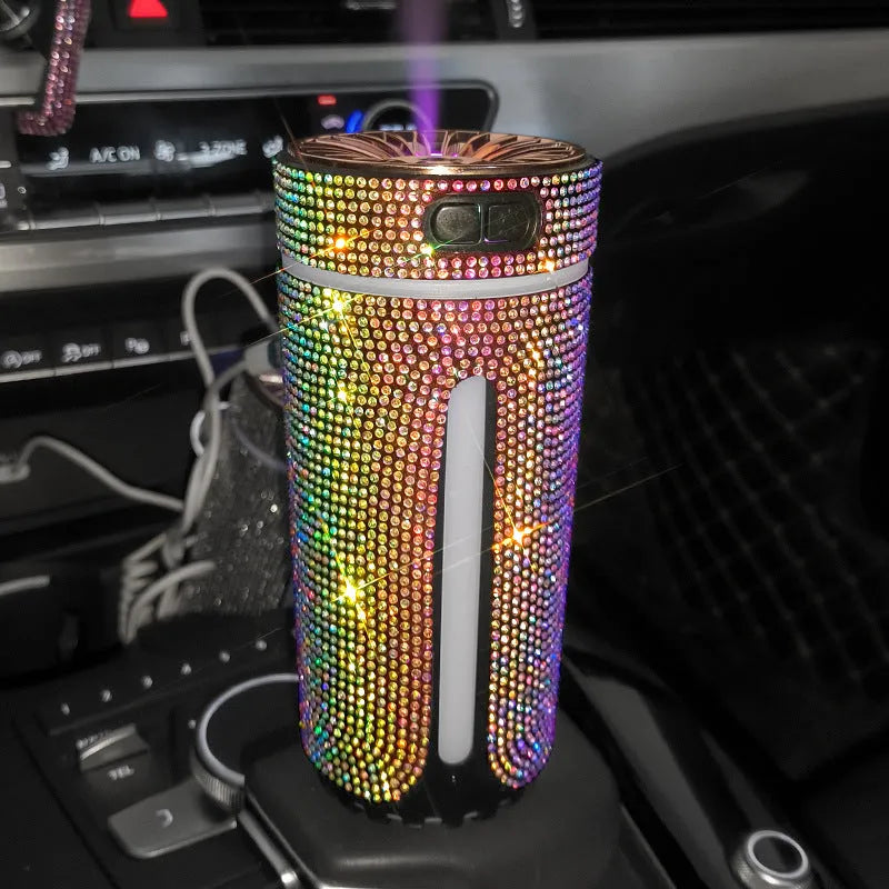 Rhinestone car humidifier with colourful LED lights, 15cm portable design for auto aromatherapy