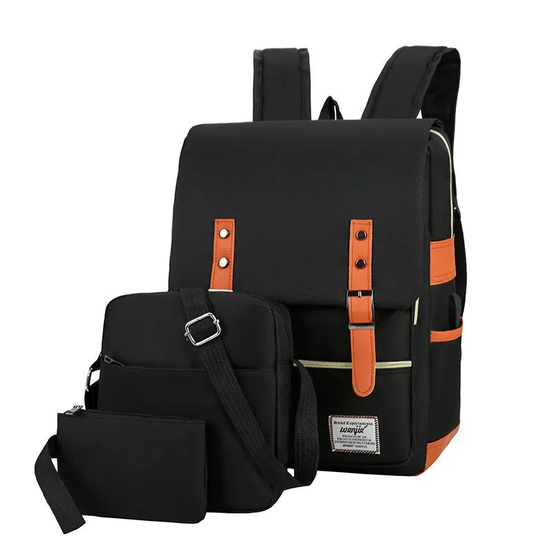 Three-piece backpack in Oxford cloth with curved shoulder straps and large computer compartment