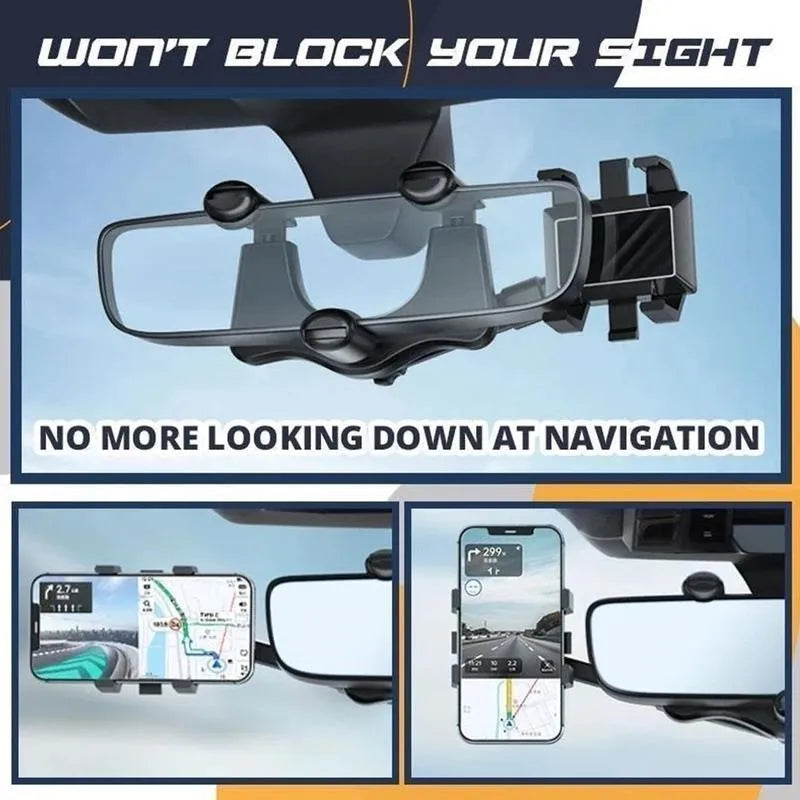 Black rearview mirror car phone holder with telescopic arm and rotating phone clamp.