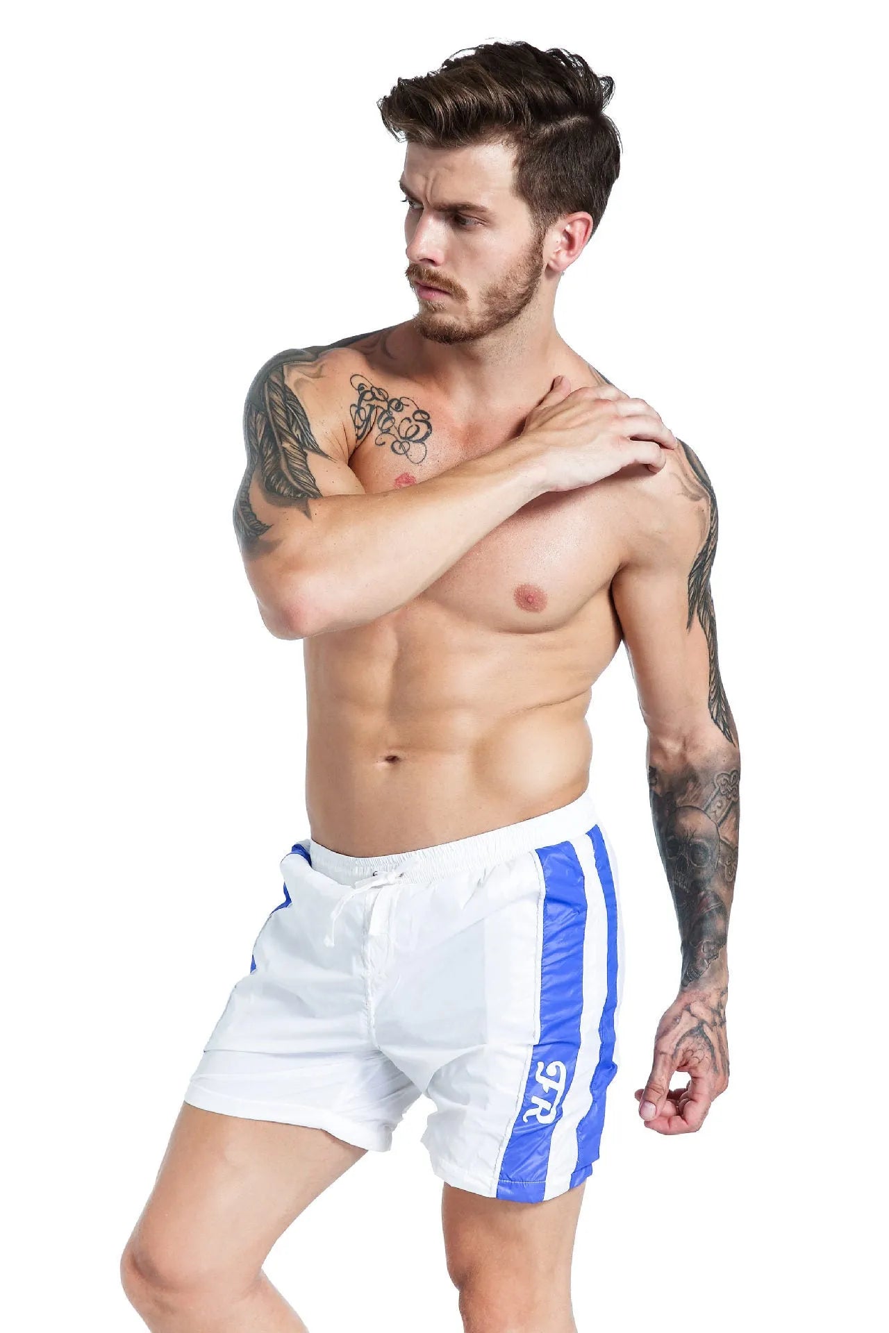 Blue men's lace-up slim-fit sports shorts with built-in padding on a white background.