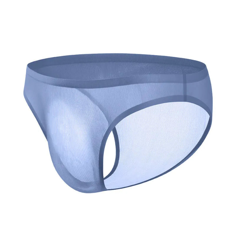 Men's low-waist seamless briefs in translucent ice silk fabric, shown in a striped colour option.