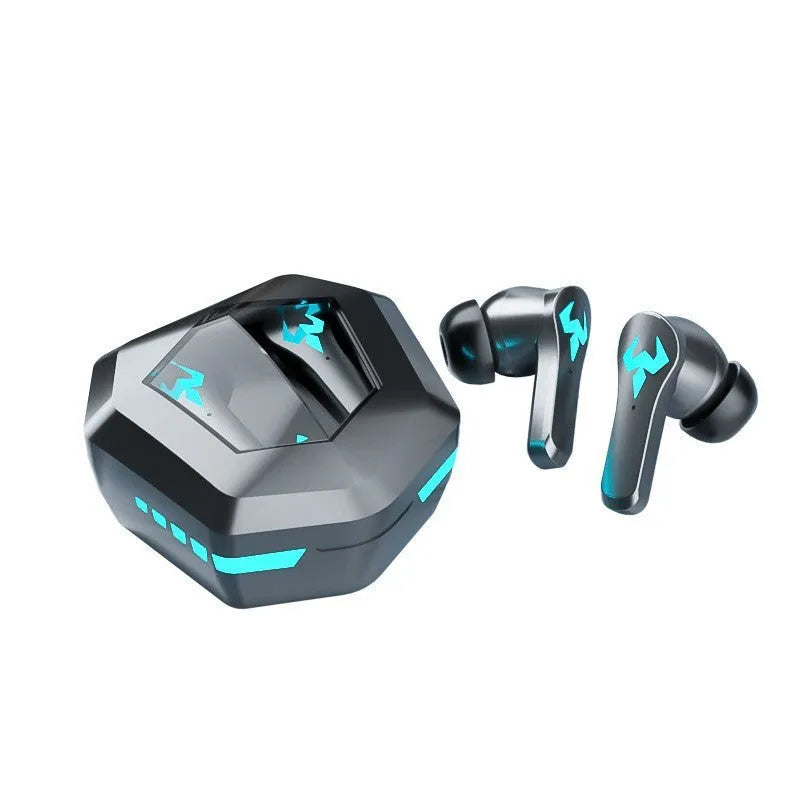 Black wireless Bluetooth gaming headset with in-ear design and microphone