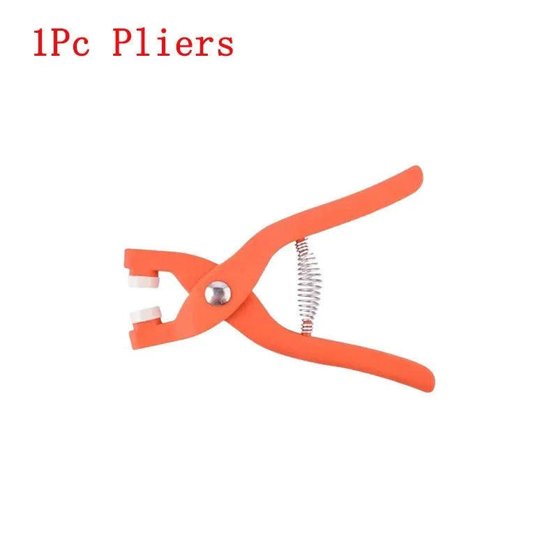 Stainless steel five-claw no-sew buttons and application pliers for children's clothing.