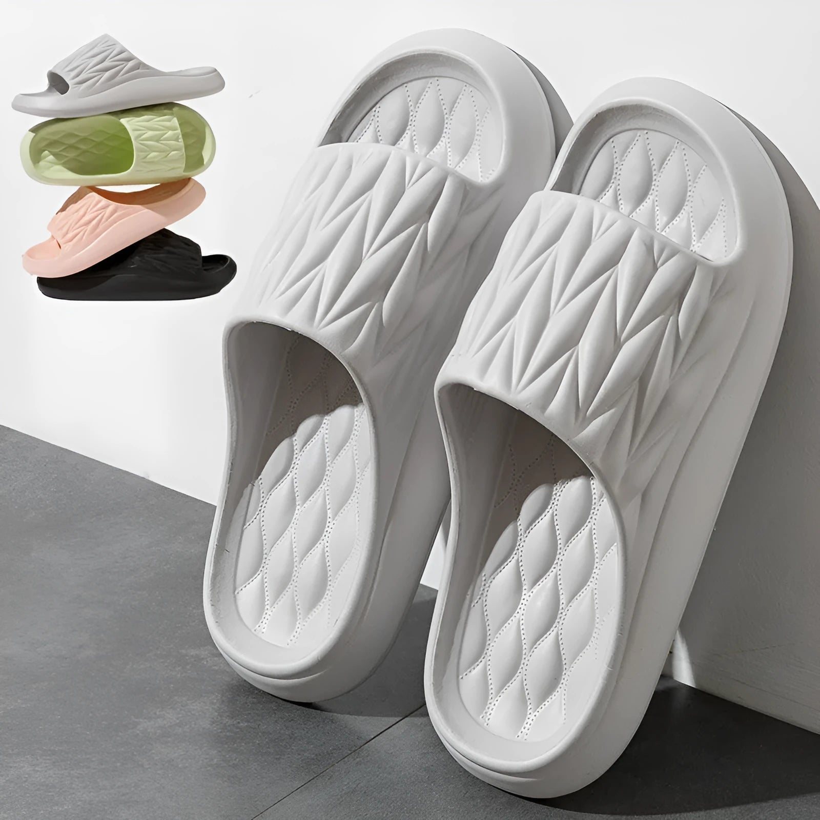 Leaf texture design EVA slippers in various colours showing non-slip sole and anti-odor properties