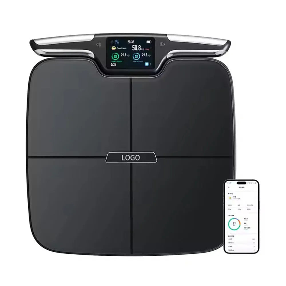Black eight-electrode body fat intelligent weighing scale on a bathroom floor