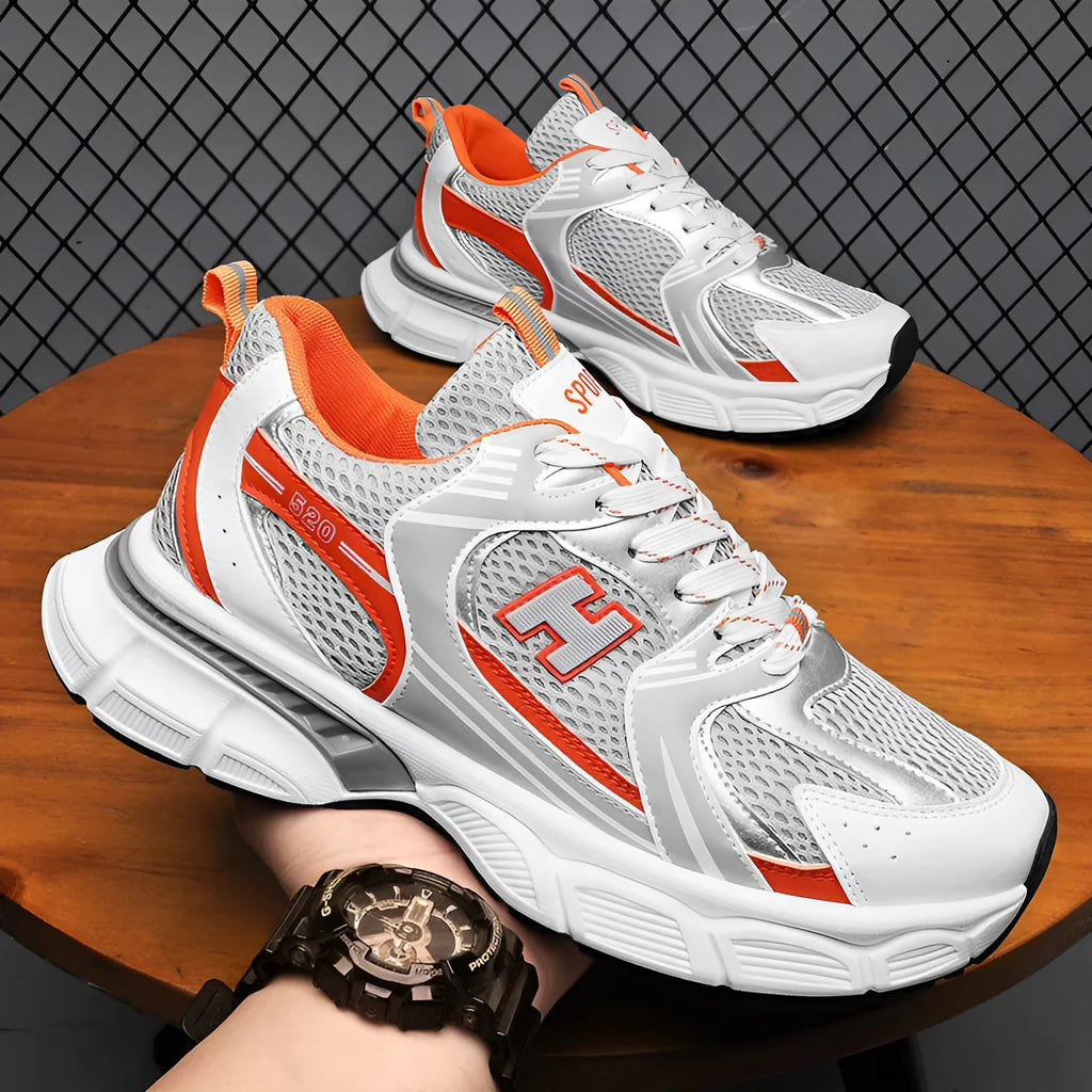 Men's mesh running shoes in black, white and grey, and white orange colours with plastic soles
