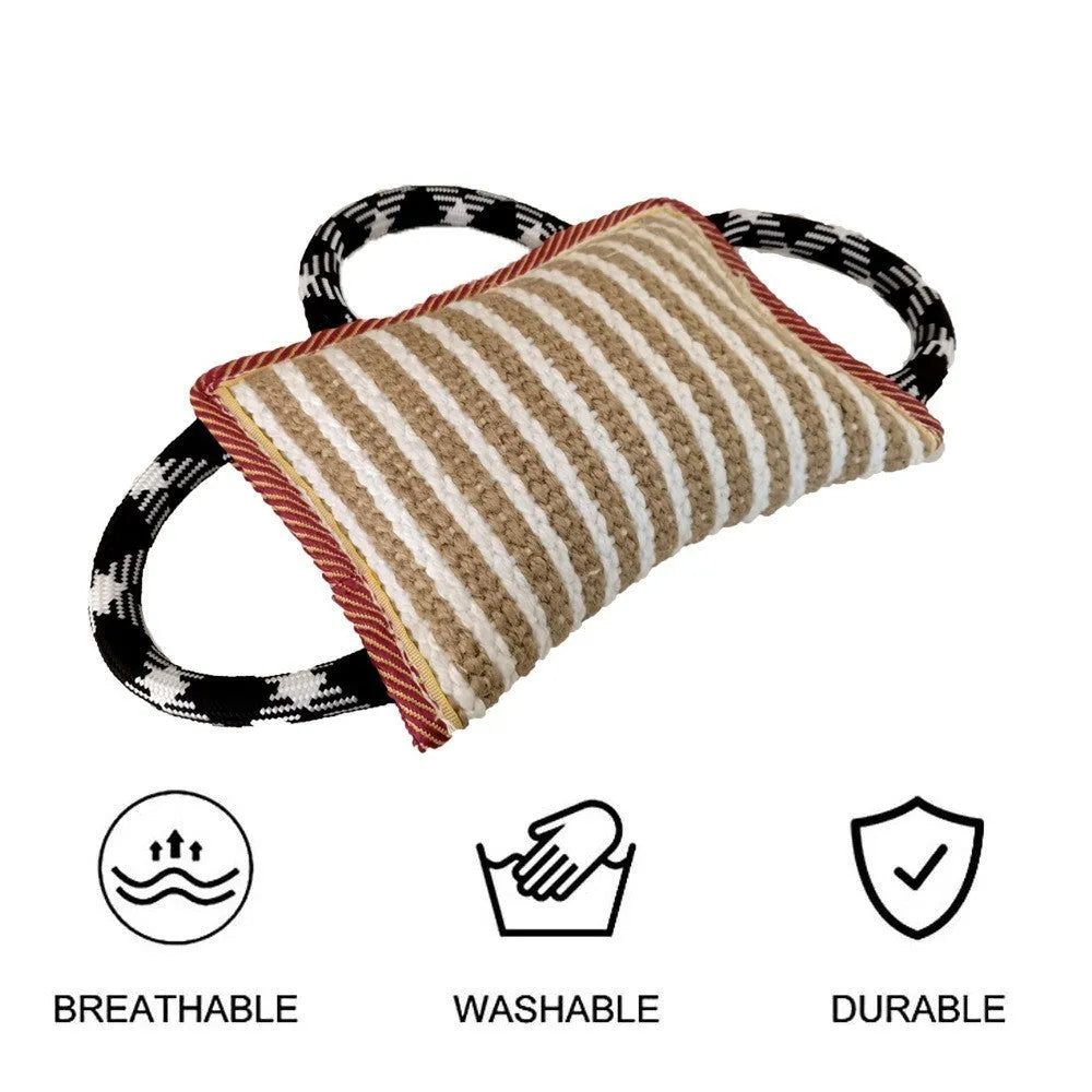 Blue dog tug toy with jute bite pillow and three rope handles for tug of war.