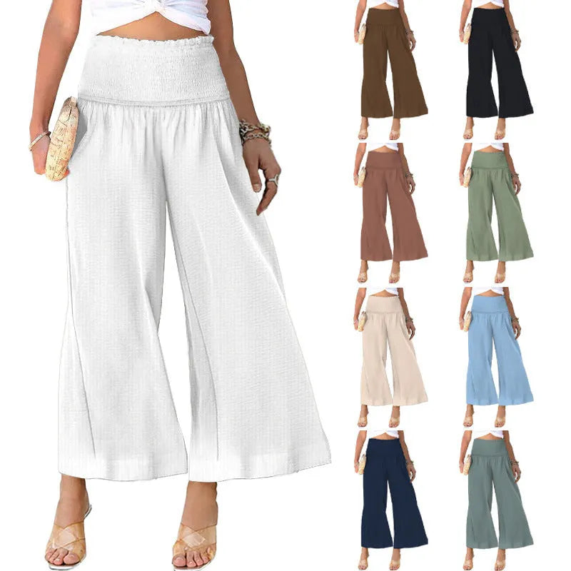 Women's high waist pleated trousers in cotton linen blend, straight-leg design in light brown colour