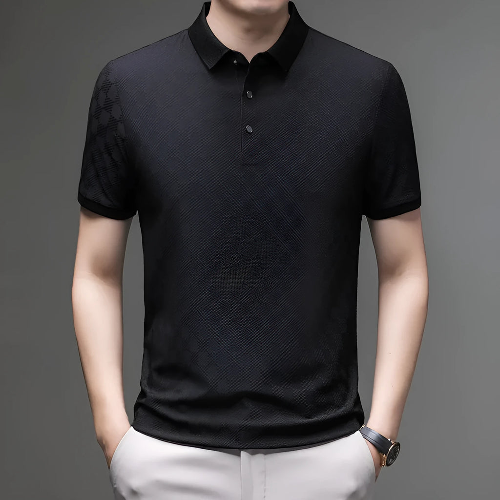 Rhombus brand thin ice silk short sleeve T-shirt for men in black, showing slit hem detail.