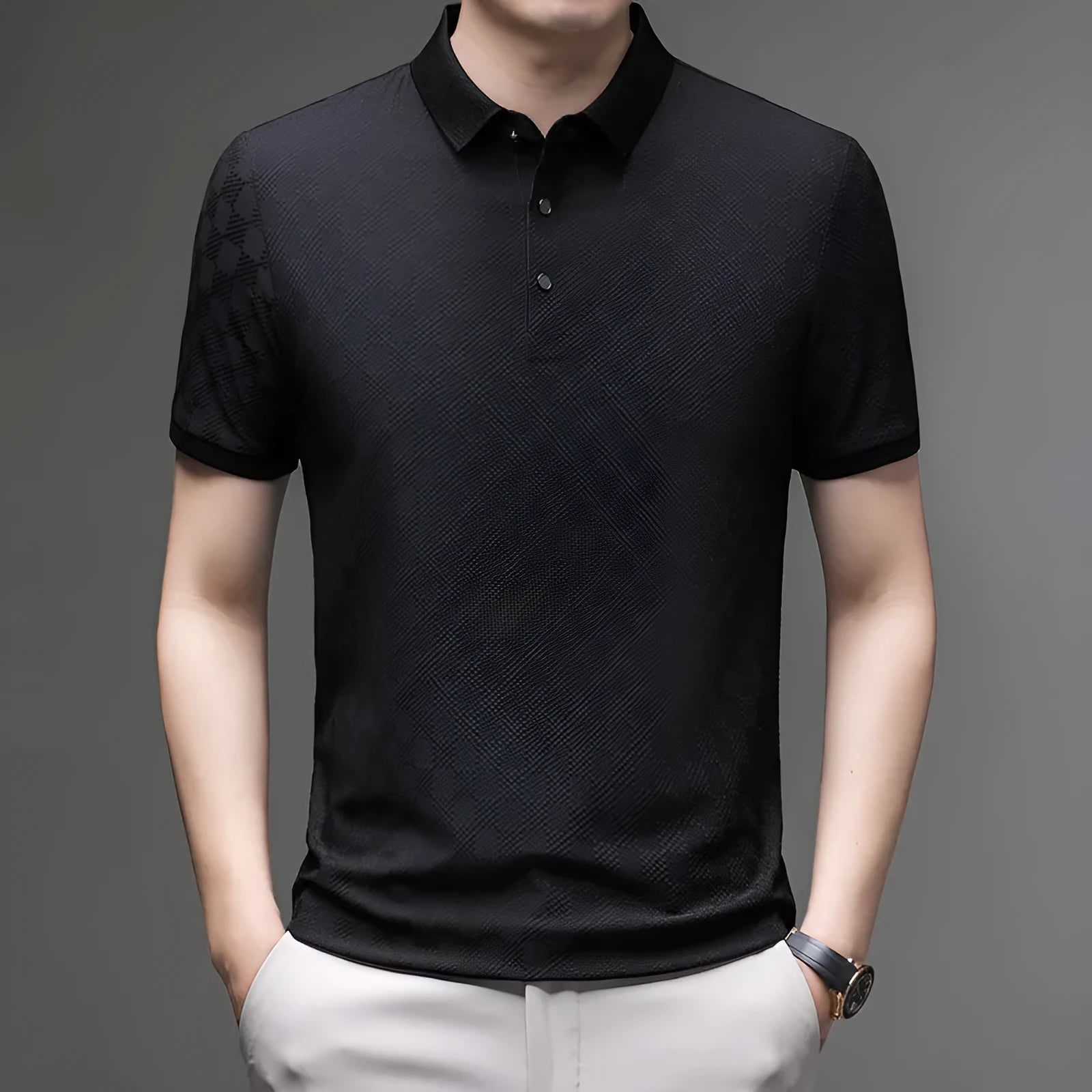 Rhombus brand thin ice silk short sleeve T-shirt for men in black, showing slit hem detail.