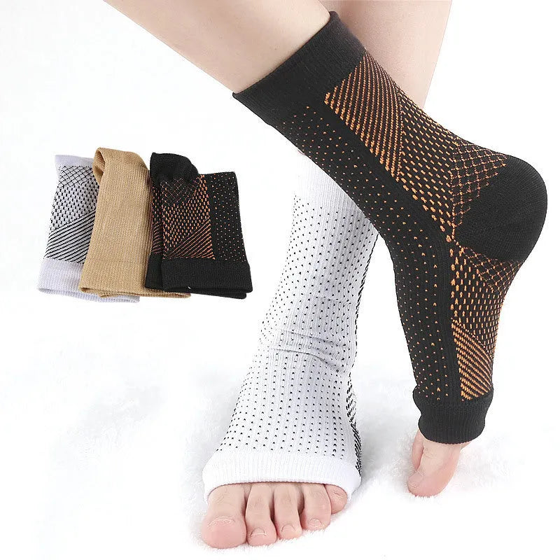 Korean-style compression sports socks in white, black, skin colour, and copper with invisible heel design