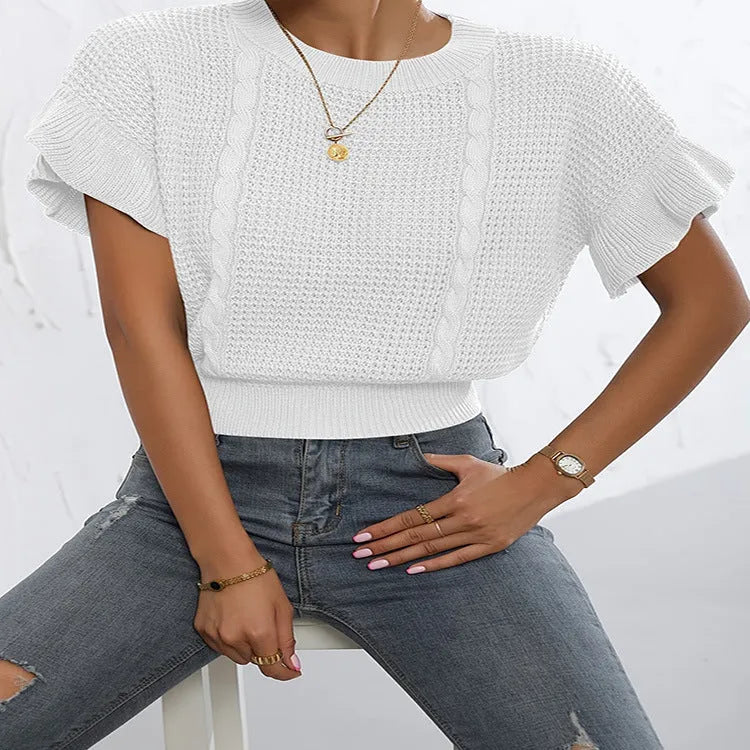 Knitted pullover sweater with twisted string ruffled short sleeves in polyester fabric