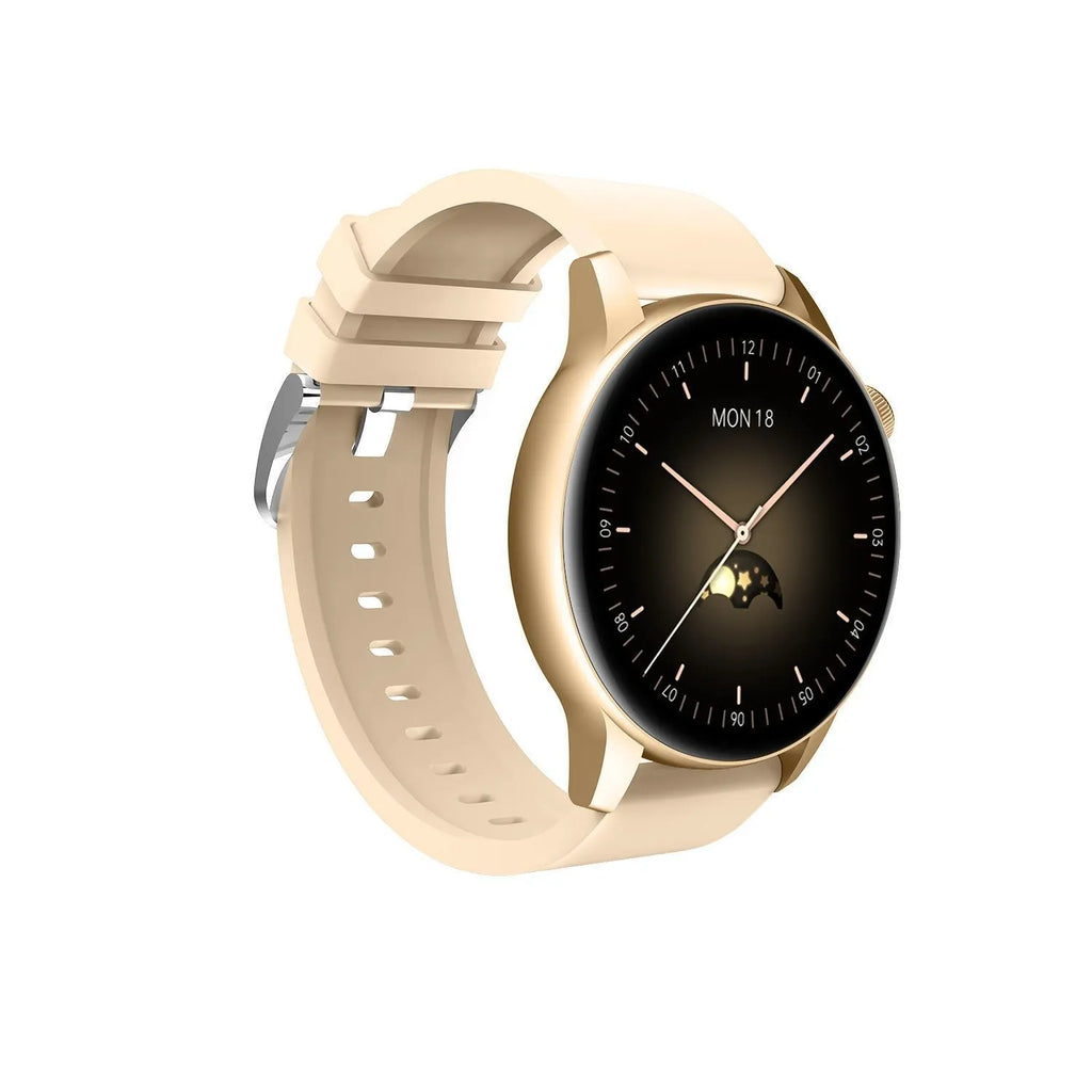 Smart watch with 1.3-inch colour screen and stainless steel case in black, pink or silver colours