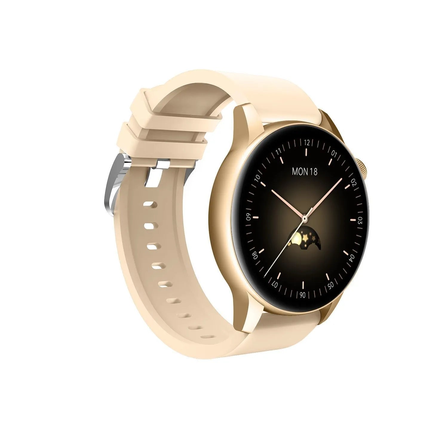 Smart watch with 1.3-inch colour screen and stainless steel case in black, pink or silver colours