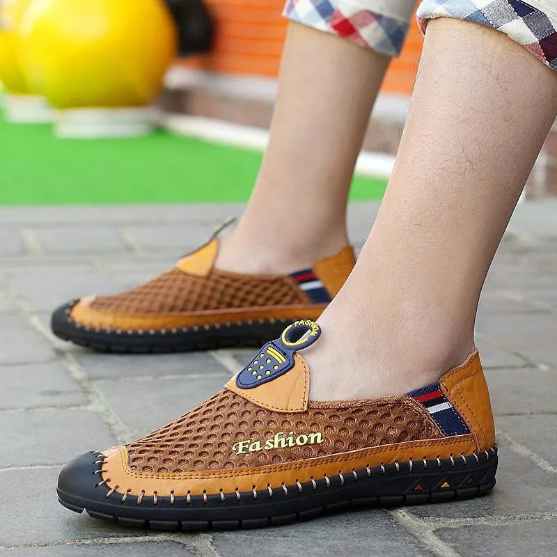 Men's brown breathable mesh casual shoes with round toe and non-slip rubber sole.