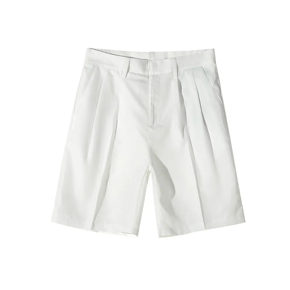 Man wearing loose straight-cut casual polyester shorts in a solid colour.