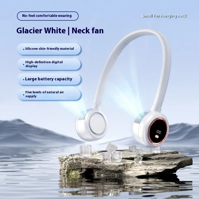 Bladeless halter fan in Glacier White with digital display showing fan speed, USB rechargeable, 229x240x64 mm