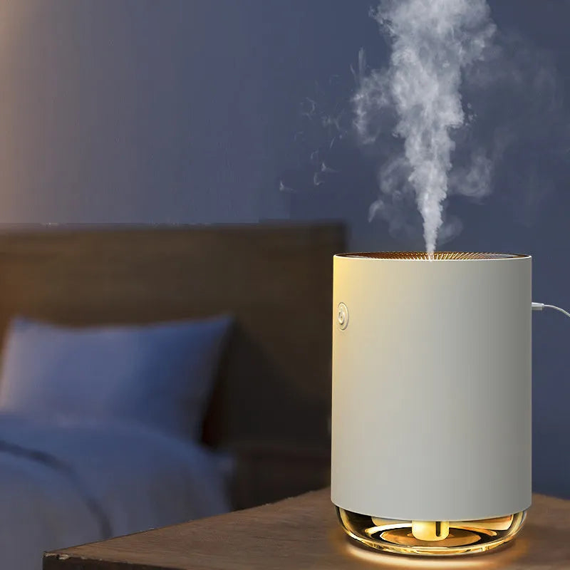 Night light humidifier diffuser in white showing mist output and ambient lighting
