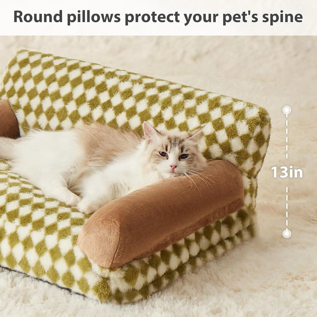 Checkered pet couch bed for cats and small dogs with a non-slip bottom, shown in three available sizes.