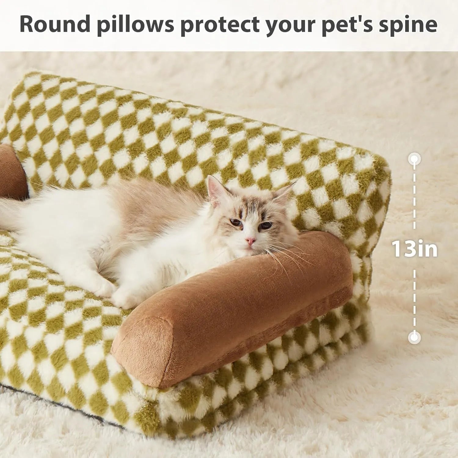 Checkered pet couch bed for cats and small dogs with a non-slip bottom, shown in three available sizes.
