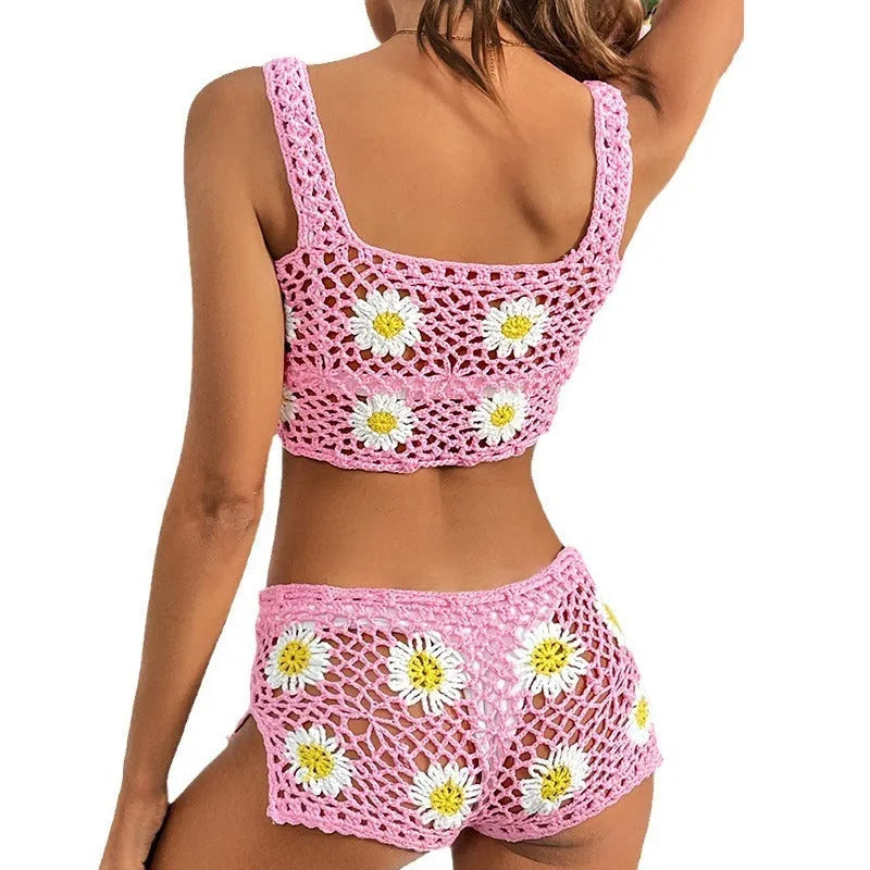 Light green flower vest bikini swimsuit set with matching pants on a mannequin