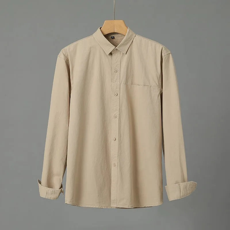 Men's purified cotton long sleeve cardigan shirt in solid colour, front view, available in multiple colours