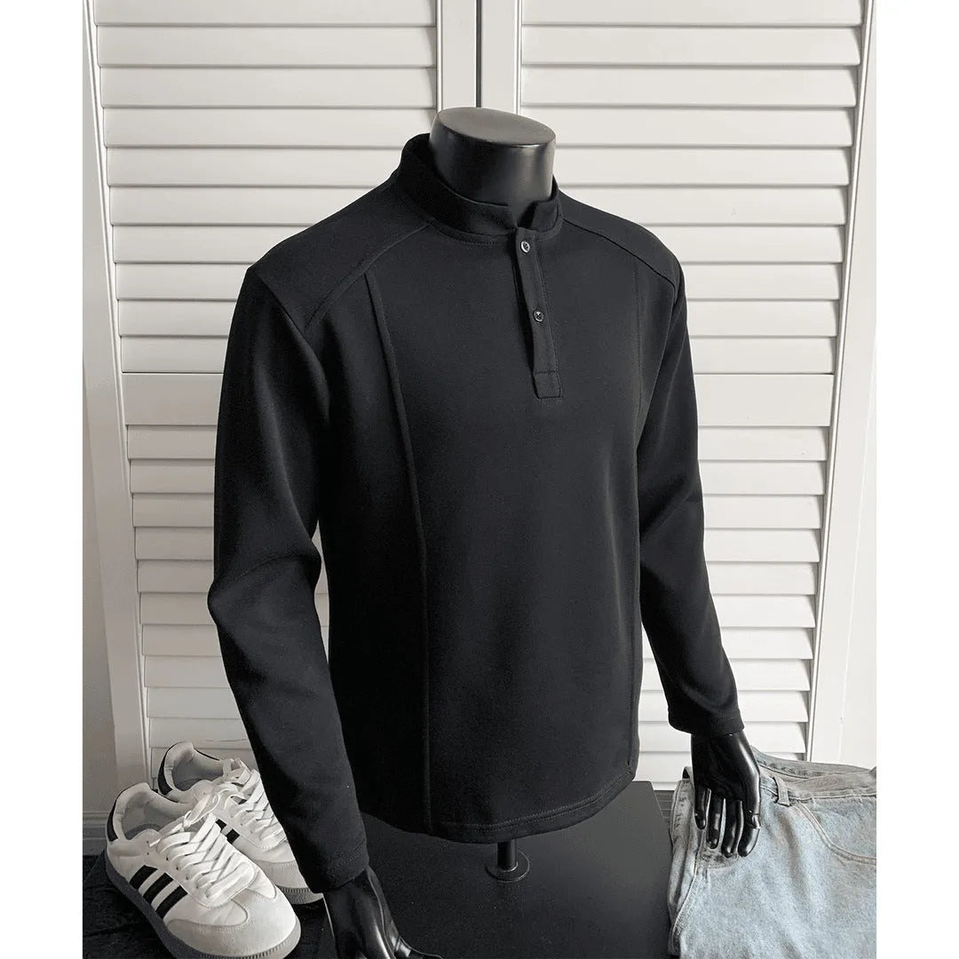 Men's asymmetrical patchwork sweater with stand-up polo collar in neutral colours