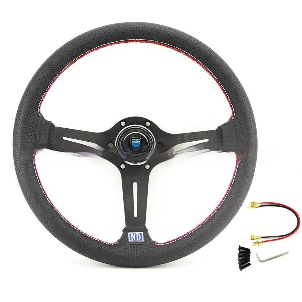 14-inch leather steering wheel with concave middle grip, showing black skeleton option