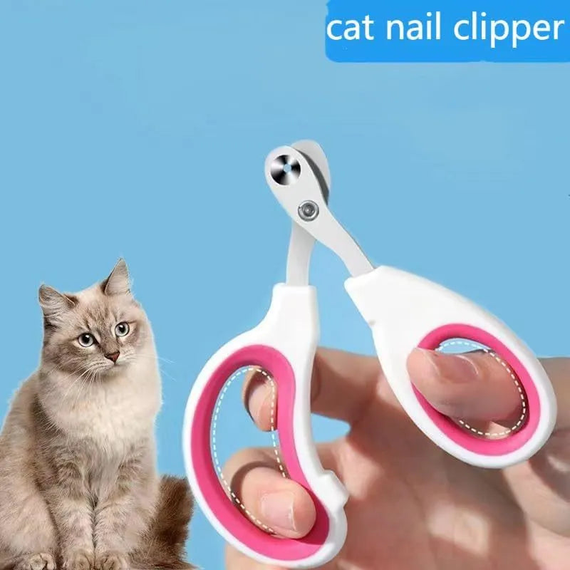 Blue pet nail clippers with a circular hole for the nail, showing the stainless steel blades and cushioned handles.