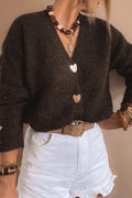 Women's loose cardigan coat with metal buckle in Coffee colour, long sleeves, solid knit fabric