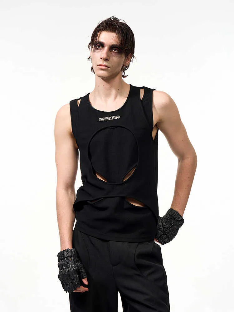 Men's black sleeveless loose-fit waistcoat with hollow thread detail.