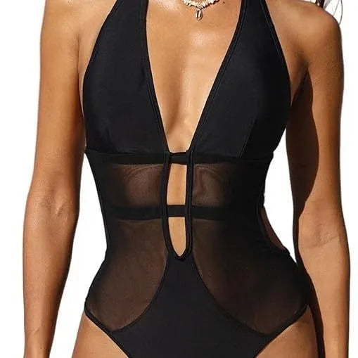 Black women's v-neck mesh one-piece swimsuit for swimming sports