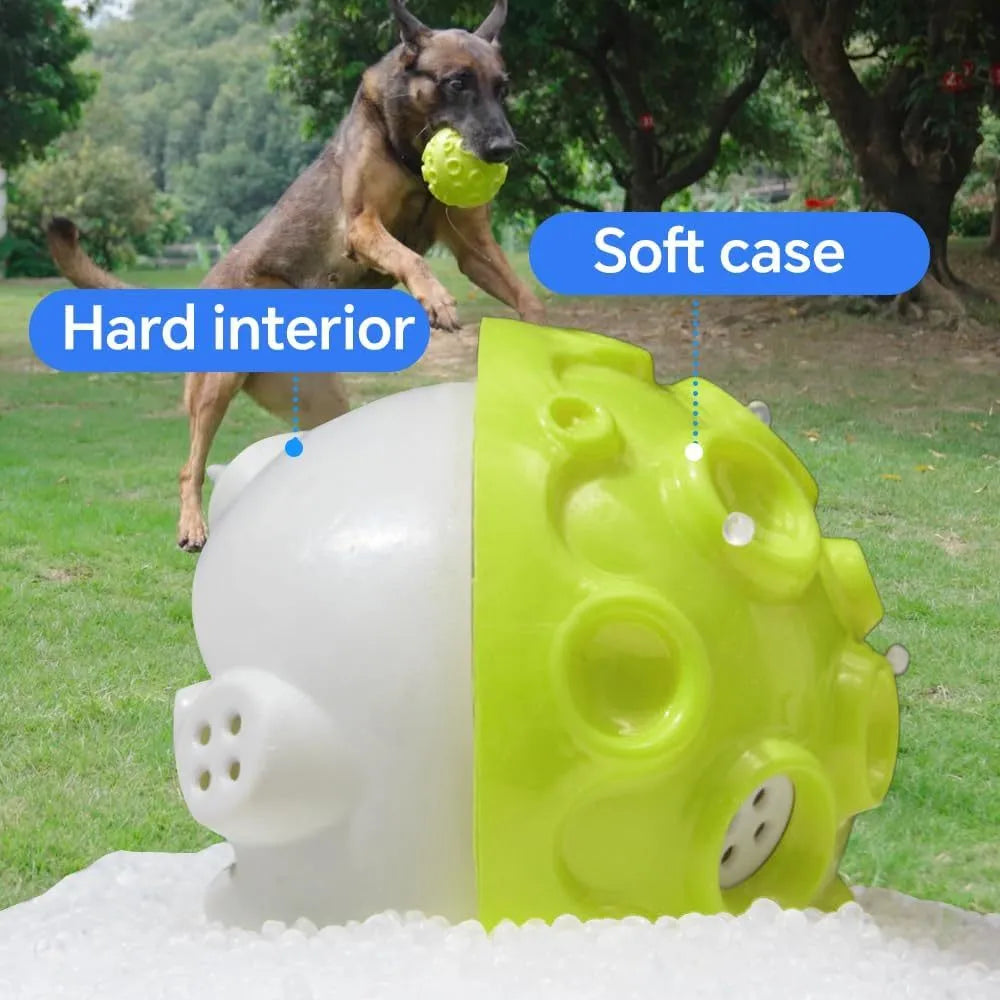 Colourful dog toy ball with textured meteorite bumps for teeth cleaning and squeaky sound