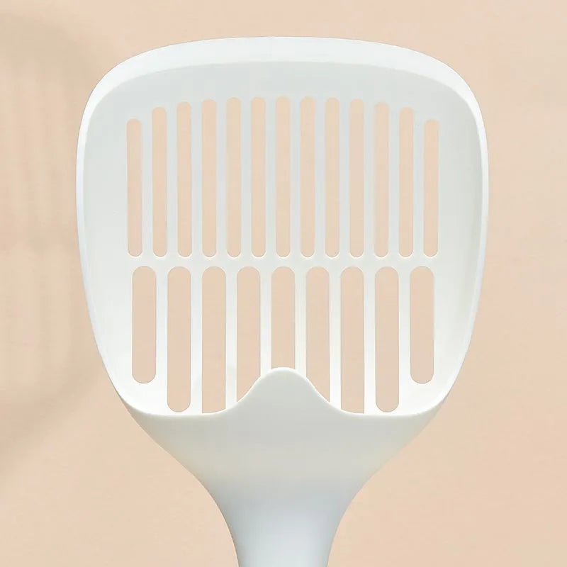 White plastic cat litter scoop with base tray measuring 29.5cm