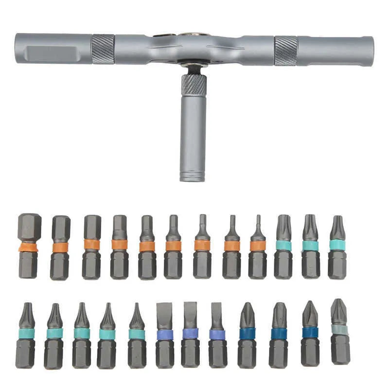 24-in-1 ratchet screwdriver set with S2 alloy steel bits, 58-tooth ratchet handle, and elastic arm locking structure on a workbench