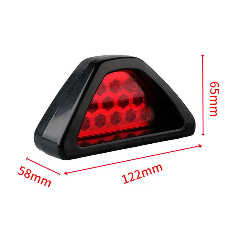 Universal LED triangle rear fog and brake warning light for cars and motorcycles in multiple colours.