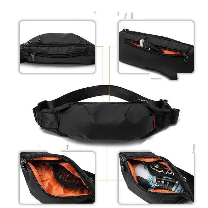 Black Oxford cloth men's crossbody waist pack showing front zipper and compact size.