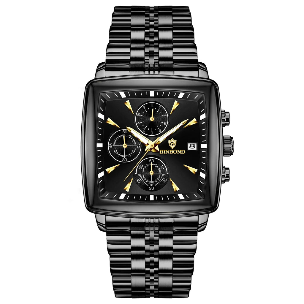 Men's rectangular stainless steel business watch with luminous hands and waterproof quartz movement