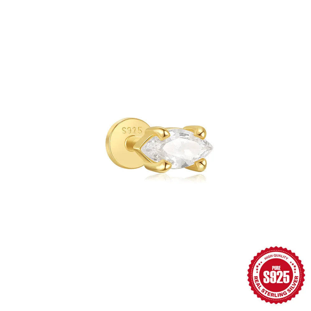 A gold tone sterling silver ear stud featuring a dangling tassel and XINGX inlaid design on the stud.