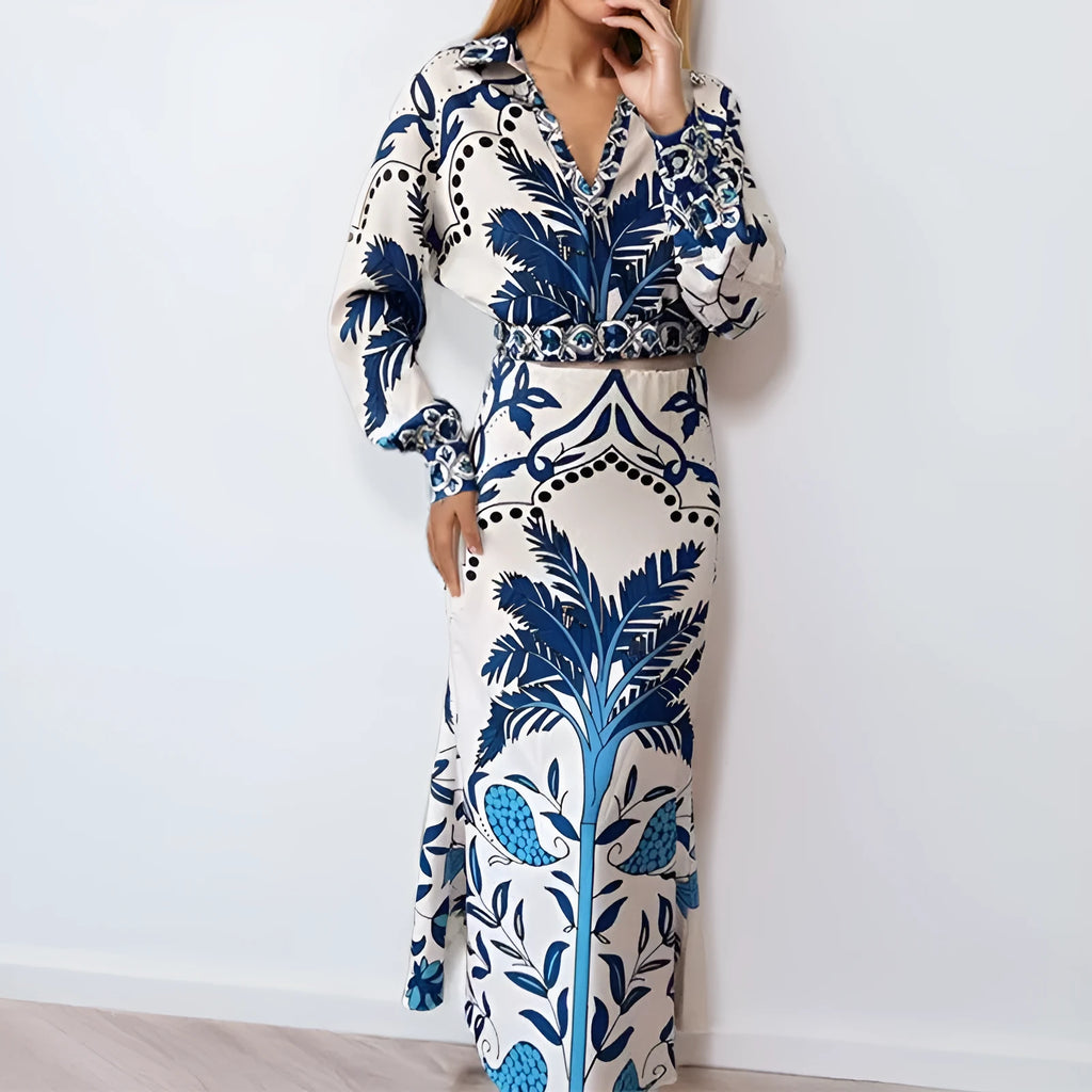 Women's early spring two-piece casual outfit with long sleeve top and long skirt