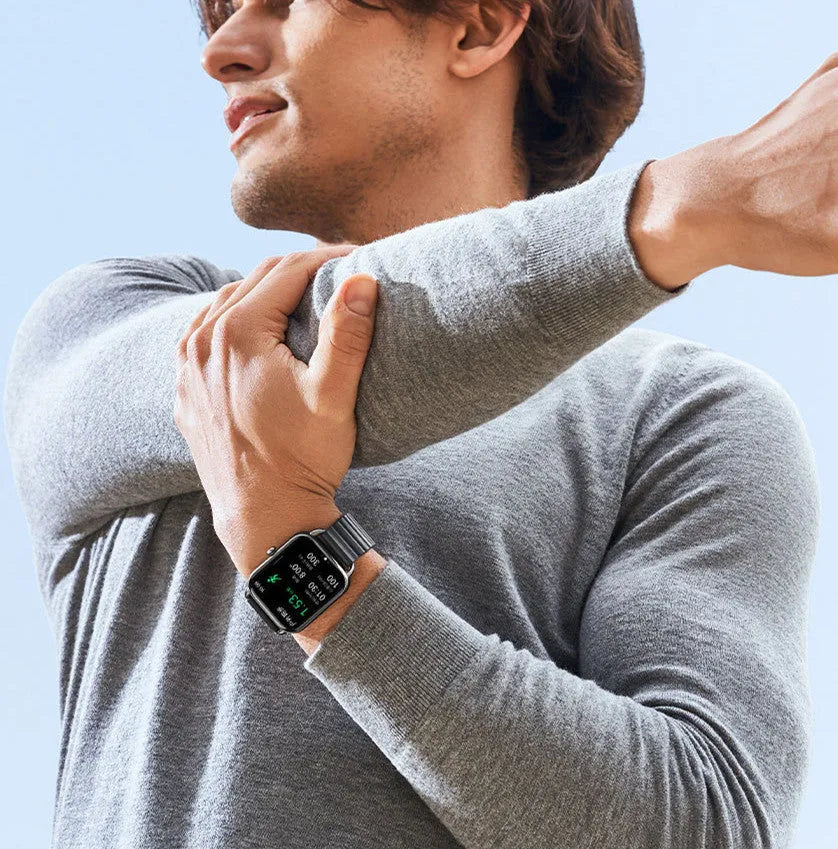 HAYLOU RS4 Plus black smartwatch with AMOLED display on a wrist, showing fitness stats.