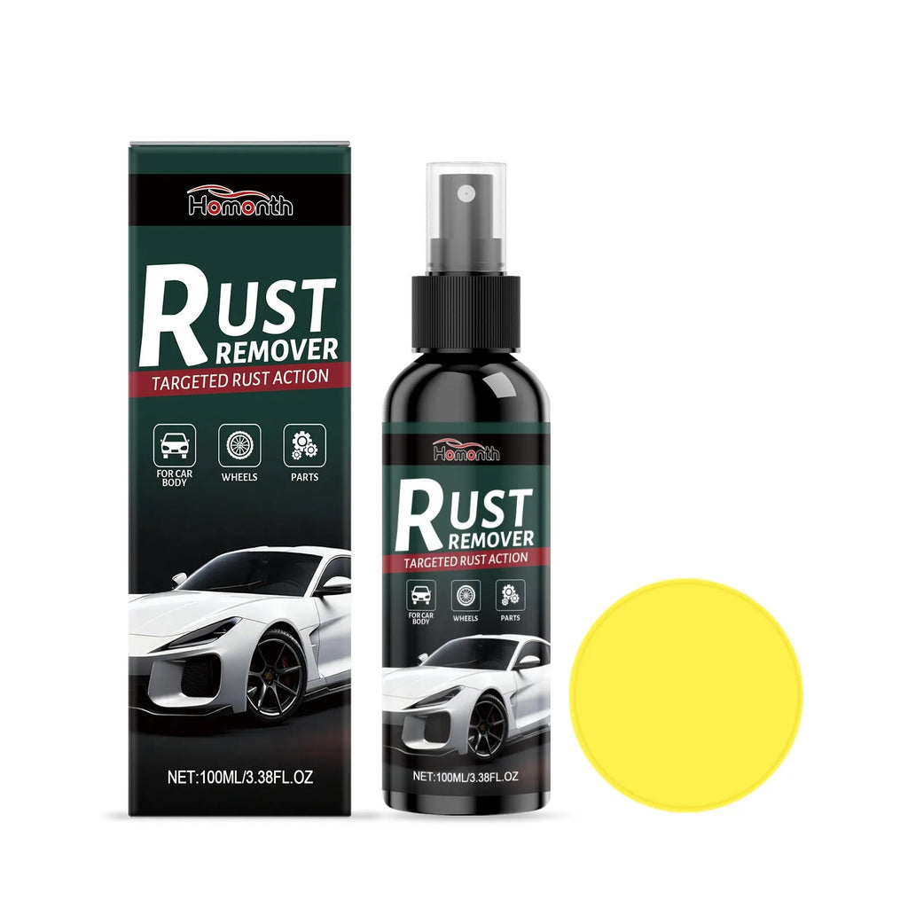 100ml derusting spray bottle with orange liquid and white sponge on grey surface