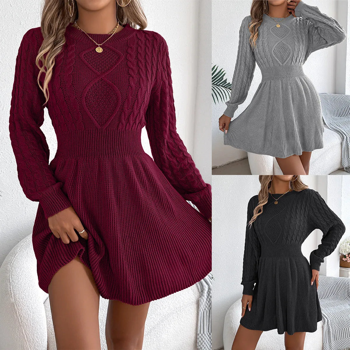 A solid colour sweater dress with lantern sleeves and an elastic waist, shown in black.