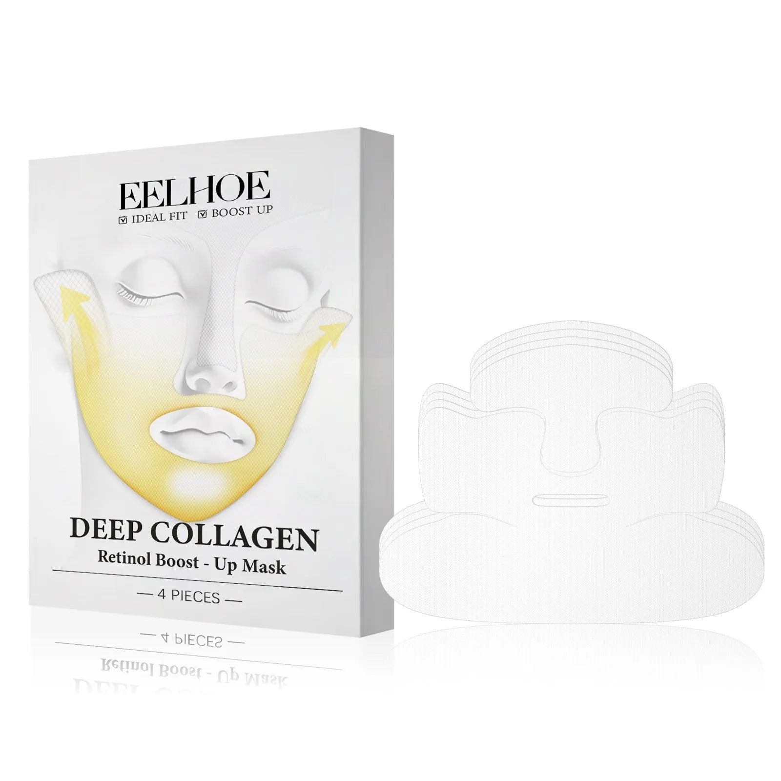 Four collagen facial masks for skin tightening treatment measuring 23.5x16.8cm