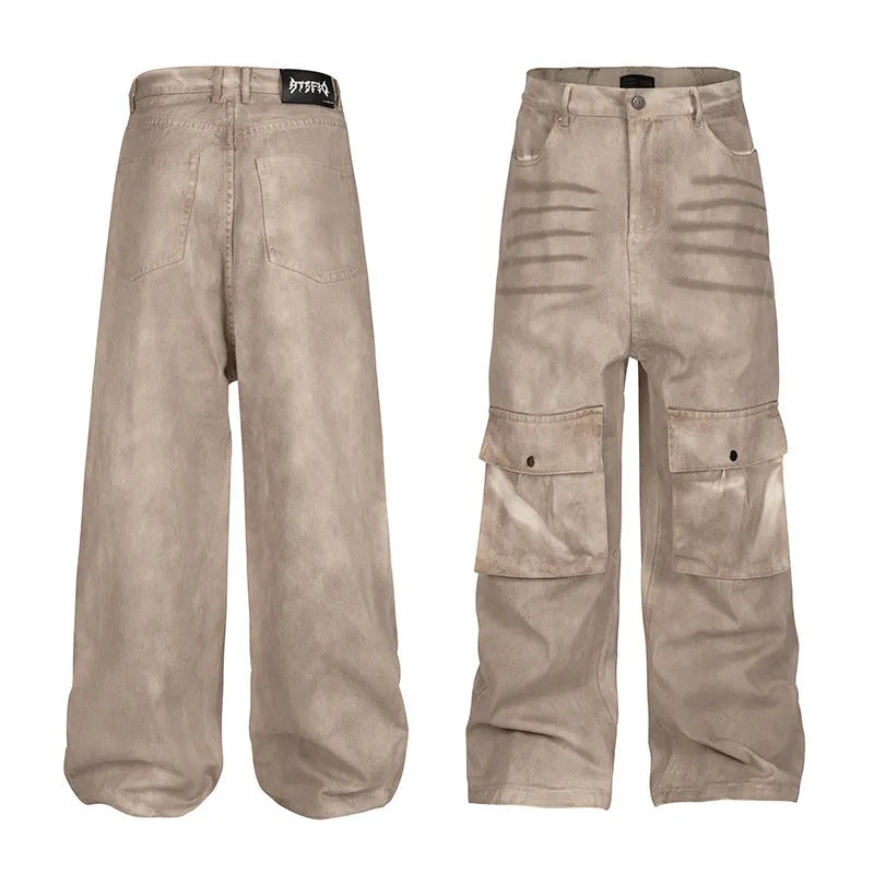 Women's dark marble wash straight leg loose fit denim casual trousers on a mid-waist