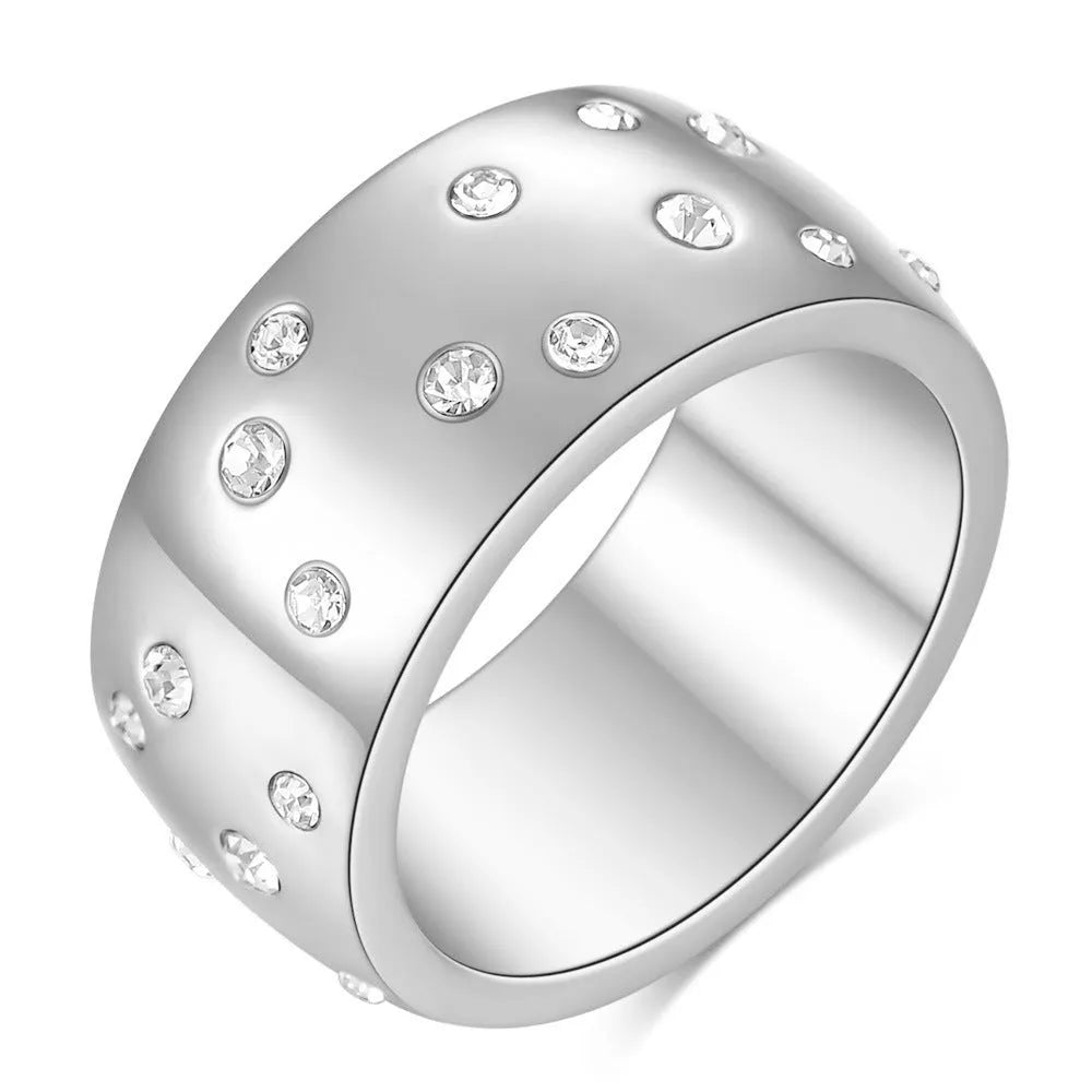 Starry geometric titanium steel women's ring with diamond treatment in black, gold, rose gold, or steel colour.