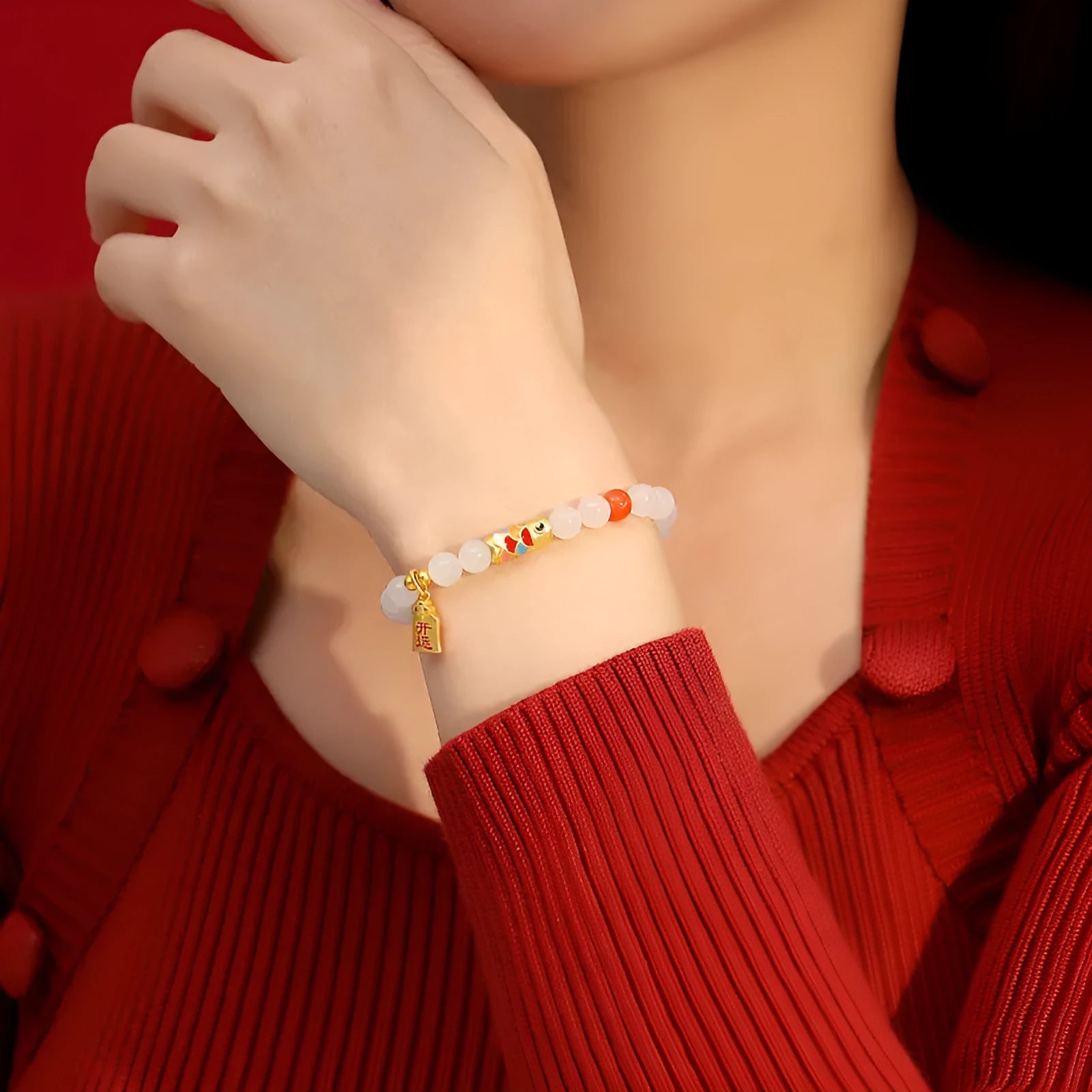 S925 sterling silver bracelet with cold enamel detailing and 6mm natural Hetian jade koi fish charm