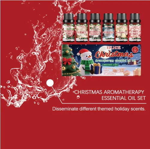 Christmas aromatherapy oil set showing six bottles including one 60ml large bottle with warm home fragrance